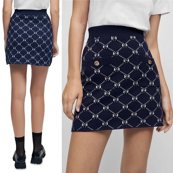 MAJE Navy Bow Design Jacquard Knit Gold Logo Button Patch Pocket Mini Skirt 6 - Picture 8 of 14